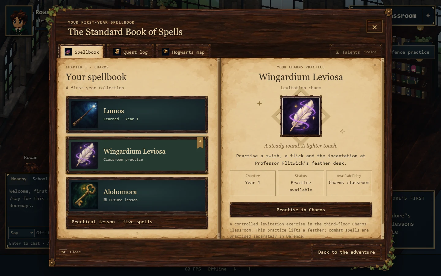 An open wooden spellbook showing Lumos and Wingardium Leviosa